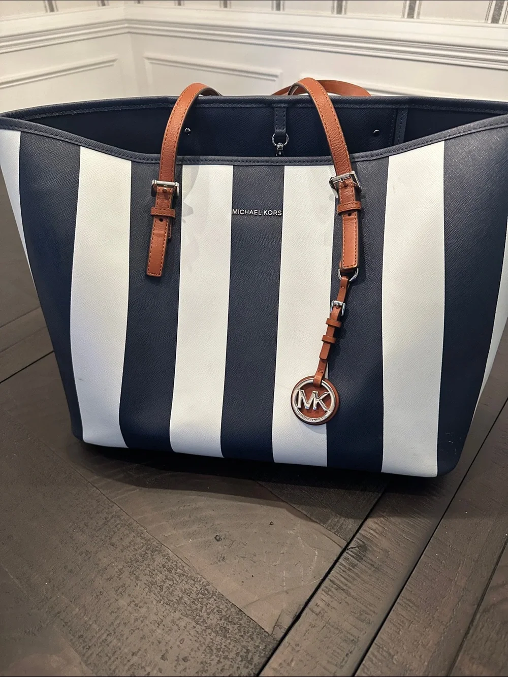 Michael Kors Striped Navy and White Tote with Brown Leather Handles